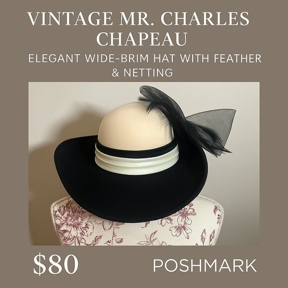 Vintage Mr. Charles Chapeau — Elegant Wide-Brim Hat with Feather & Netting main image 10